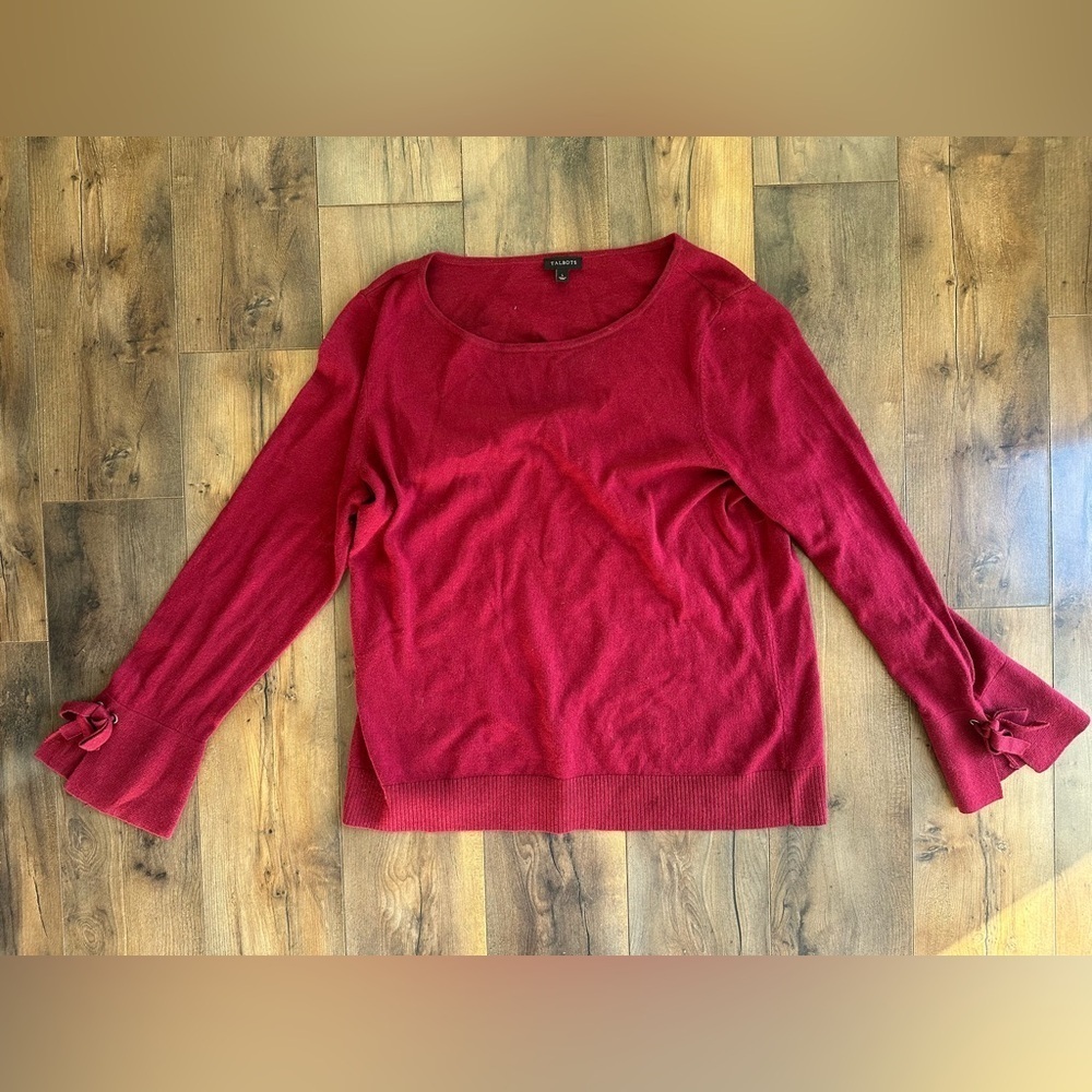 Talbots Burgundy Knit Sweater Bow Cuff Sleeves Soft Classic Women’s Large